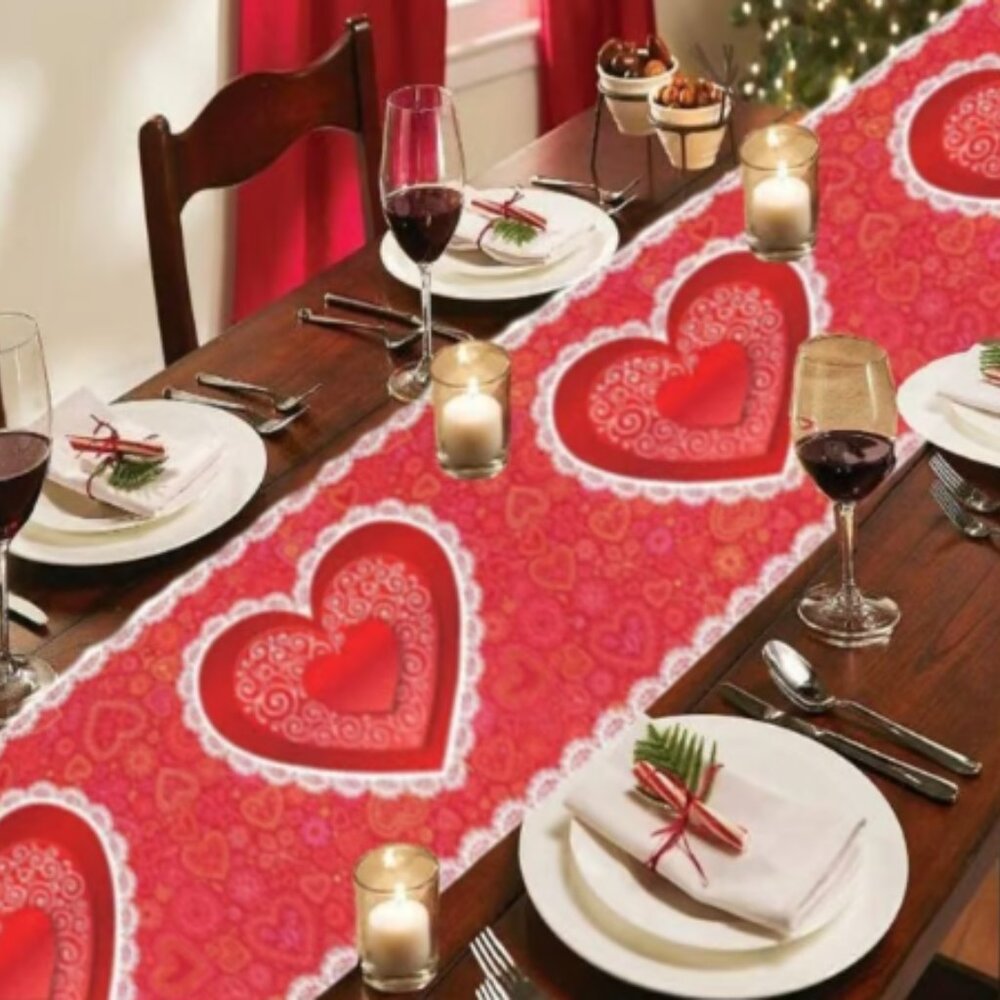 VALENTINE'S DAY RED HEART PAISLEY PATTERN TABLE RUNNER 13x70 - NEW
